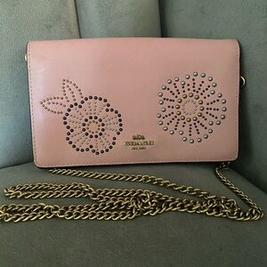 Coach Pink Tea Rose Rivets Foldover Chain Crossbody Clutch Purse Bag 24910